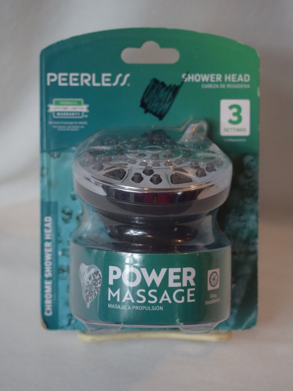 New In Original Package Peerless Power Massage Chrome Shower Head  3 Settings